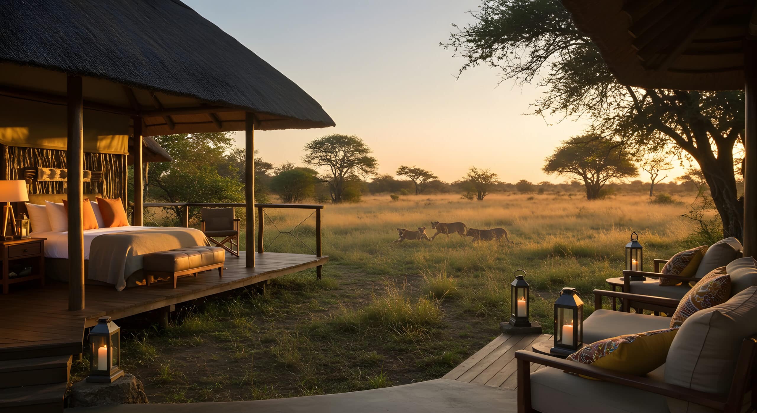 Experience the thrill of nature from a luxurious safari lodge in the African savanna. Witness lions roaming freely in their natural habitat during a golden sunset. An unforgettable adventure awaits, offering both relaxation and wild beauty.