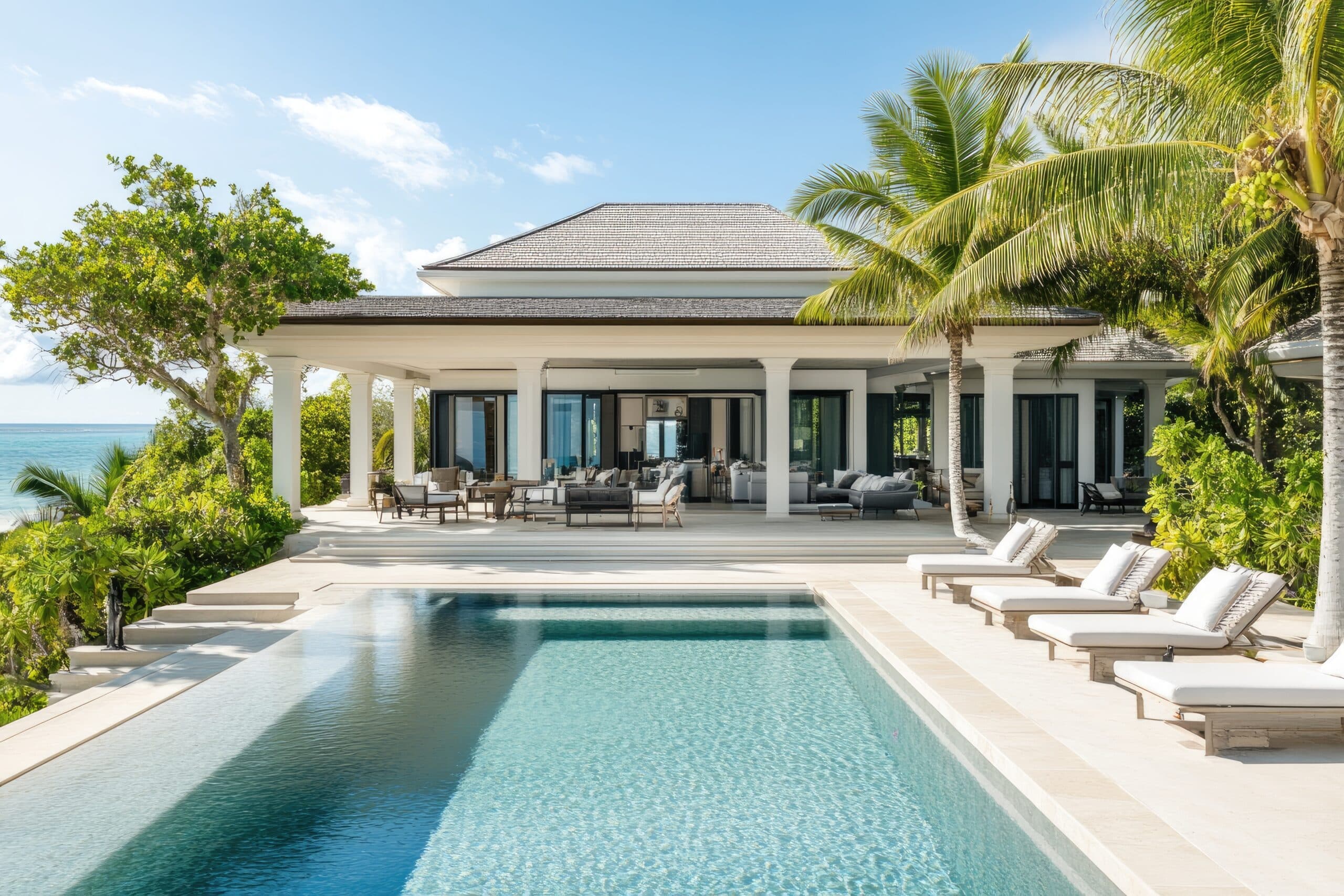 A photograph of an amazing beach house in the Maldives, with turquoise water, palm trees, and sun loungers. --chaos 20 --ar 3:2 --v 6.1 Job ID: 9b9055bf-644e-4067-abc0-bf8a76ea4854